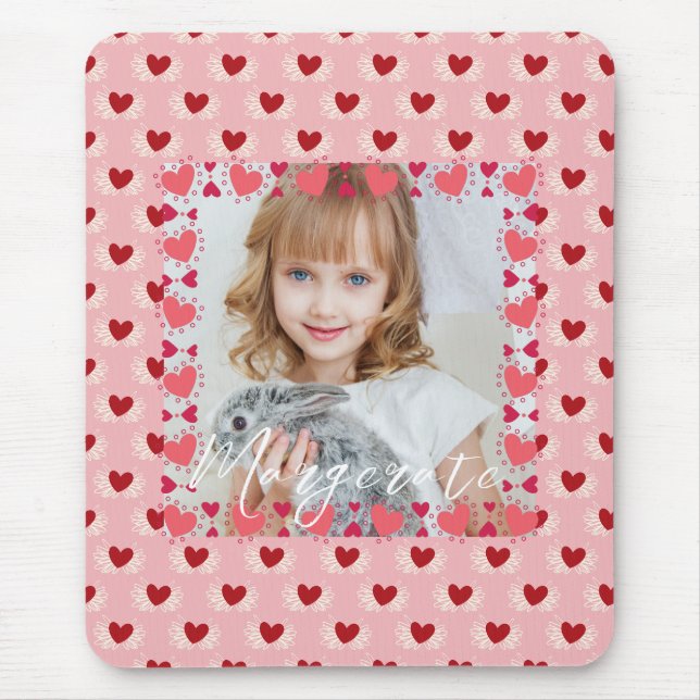 Cute Personalised one Photo Pink heart pattern  Mouse Pad (Front)