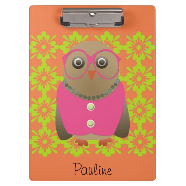 Cute Personalised Orange Old Lady Owl Clipboard (Front)