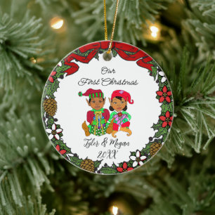 Cute Personalised Our First Christmas Elves Ceramic Ornament