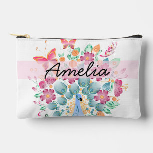 Cute Personalised Peacock Floral Accessory Pouch