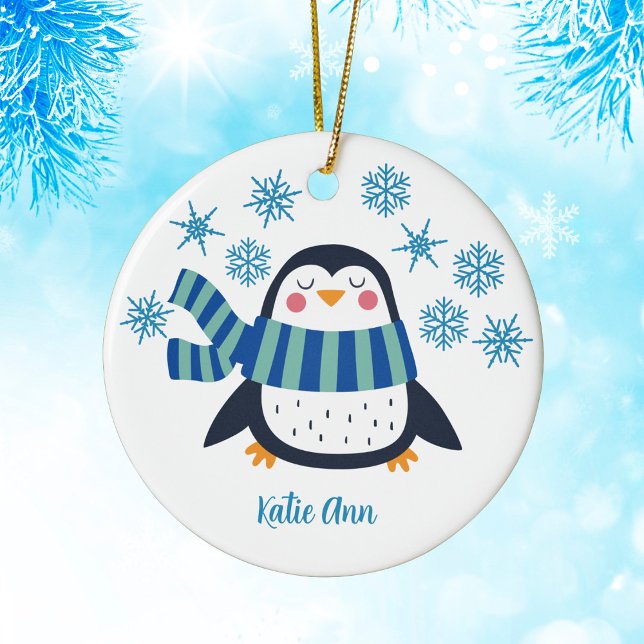 Cute Personalised Penguin Blue Snowflake Christmas Ceramic Ornament (Creator Uploaded)