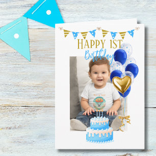 Cute Personalised Photo,Blue Gold Balloon,Birthday Card