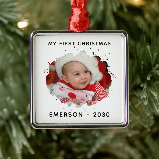 Cute Personalised Photo Name Year First Christmas Metal Ornament (Tree)