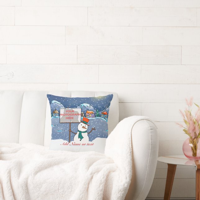 Cute personalised photo Xmas Snowman Christmas Cushion (Couch)