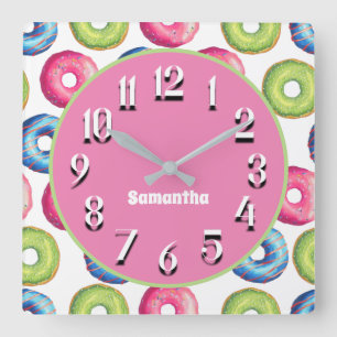 Cute Personalised Pink Blue Green Doughnuts Square Wall Clock