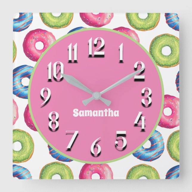 Cute Personalised Pink Blue Green Doughnuts Square Wall Clock (Front)