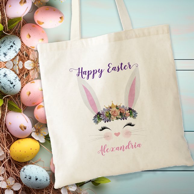 Cute Personalised Pink Floral Easter Bunny Girl Tote Bag (Cute Personalized Pink Floral Easter Bunny Girl Tote Bag)