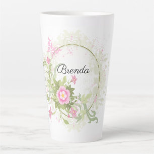 Cute Personalised Pink Floral Wreath Latte Mug