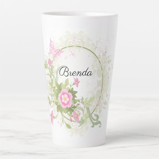 Cute Personalised Pink Floral Wreath Latte Mug (Front)