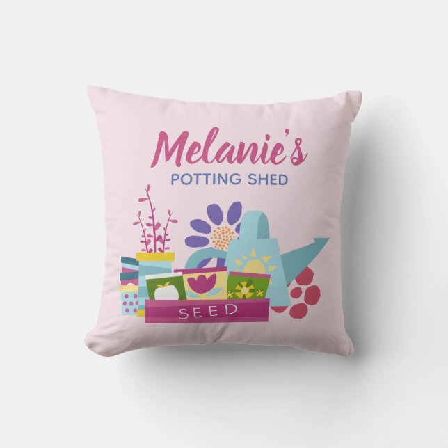 Cute Personalised Pink Gardening Potting Shed Cushion (Front)