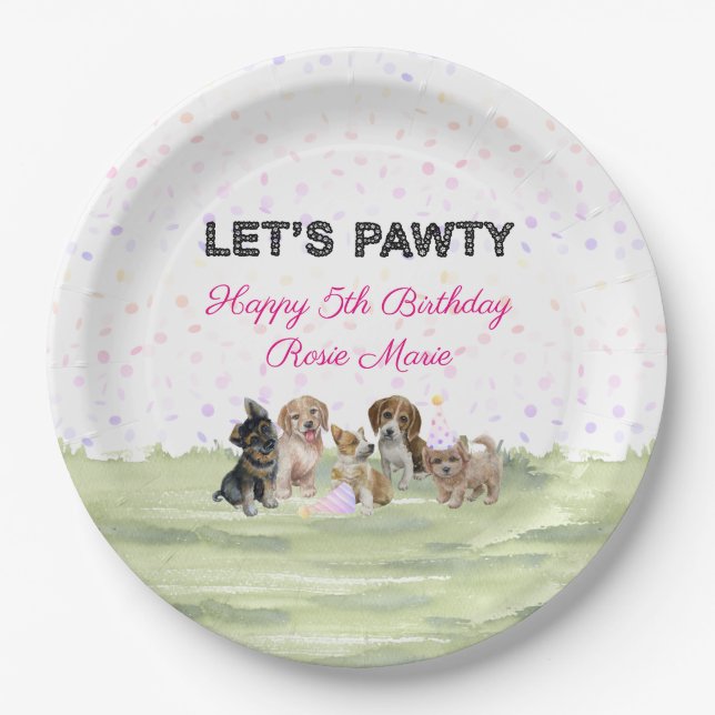Cute Personalised Pink Puppy Dog Birthday Party Paper Plate (Front)