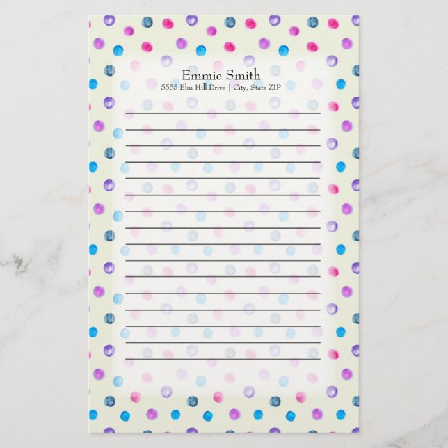 Cute Personalised Pink Purple Blue Dots on White Stationery (Front)