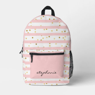Cute Personalised Pink Stripe and Gold Confetti  Printed Backpack