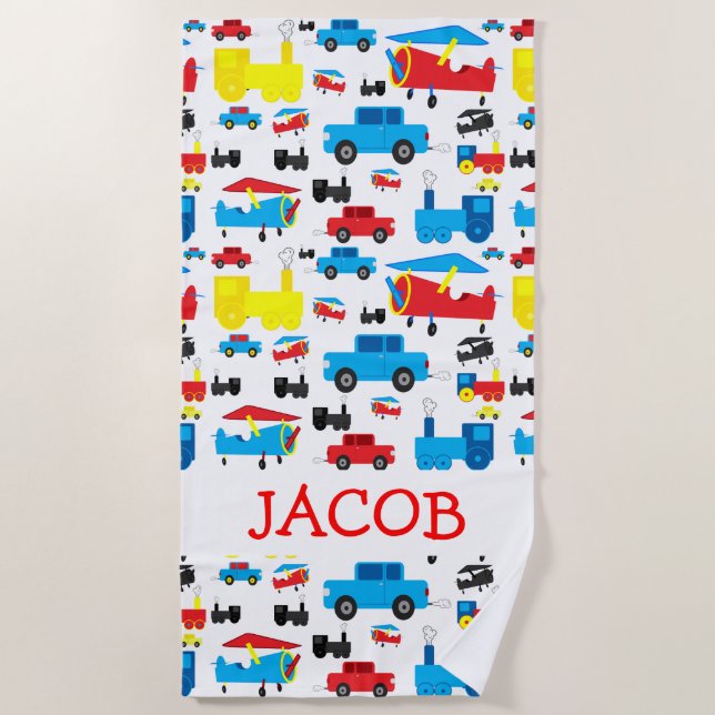 Cute Personalised Planes, Trains and Cars Pattern Beach Towel (Front)