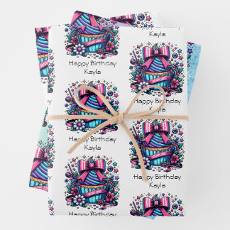 Cute Personalised Purple and Blue Cupcake Birthday Wrapping Paper Sheet
