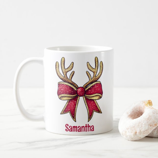 Cute Personalised Reindeer Bow Christmas  Coffee Mug (With Donut)