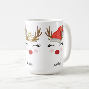 Cute Personalised Reindeer Face Santa Hat, Tiara Coffee Mug