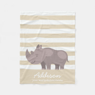Cute Personalised Rhinoceros Jungle Tan Stripe Fleece Blanket