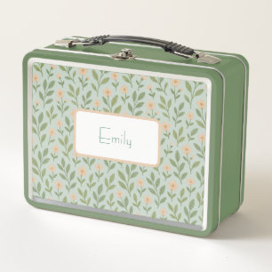 Cute Personalised Sage Green Floral Metal Lunch Box