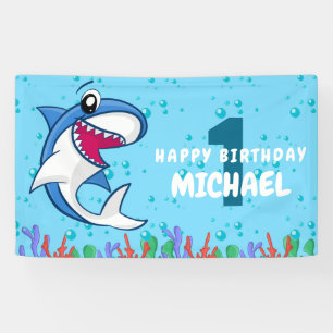 Cute Personalised Sea Shark 1st Birthday Party Banner
