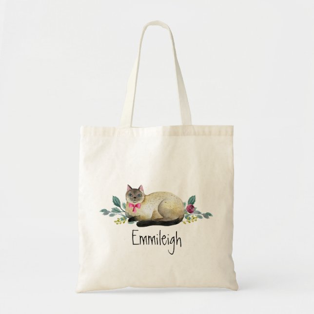 Cute Personalised Siamese Cat Purple Floral Leaves Tote Bag (Front)