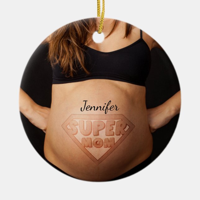 Cute Personalised Super Mum Pregnant Belly Ceramic Ornament (Front)