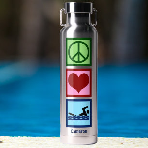 Cute Personalised Swimmer Peace Love Swimming Water Bottle