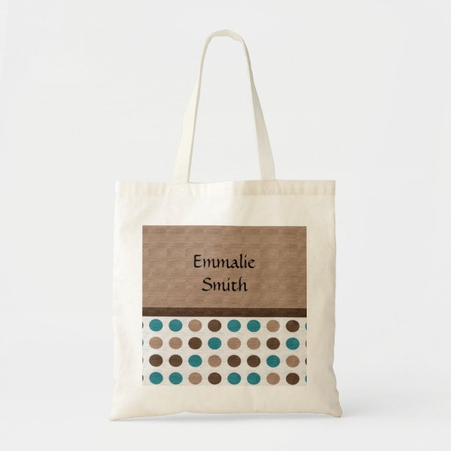 Cute Personalised Teal Brown Polka Dot Tote Bag (Front)