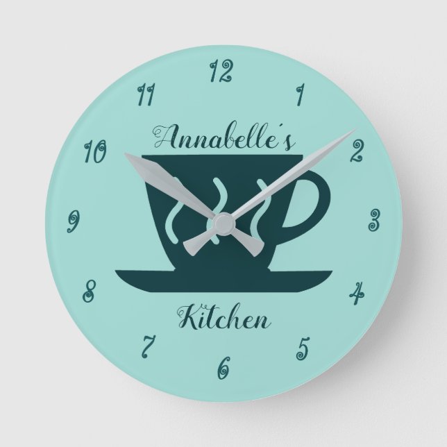 Cute Personalised Teal Coffee Lover Kitchen Round Clock (Front)