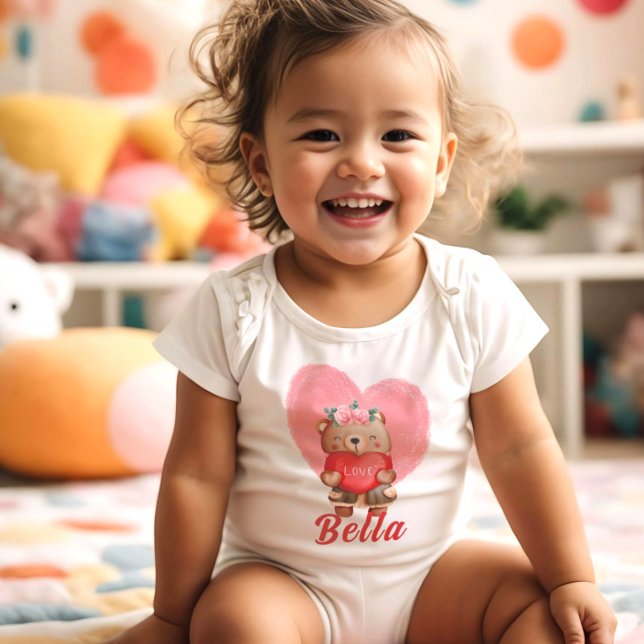 Cute Personalised Teddy Hearts Kids Valentines Day Baby Bodysuit (Creator Uploaded)