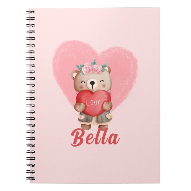 Cute Personalised Teddy Hearts Kids Valentines Day Notebook (Front)