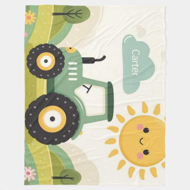 Cute, personalised tractor/farm fleece blanket (Front)