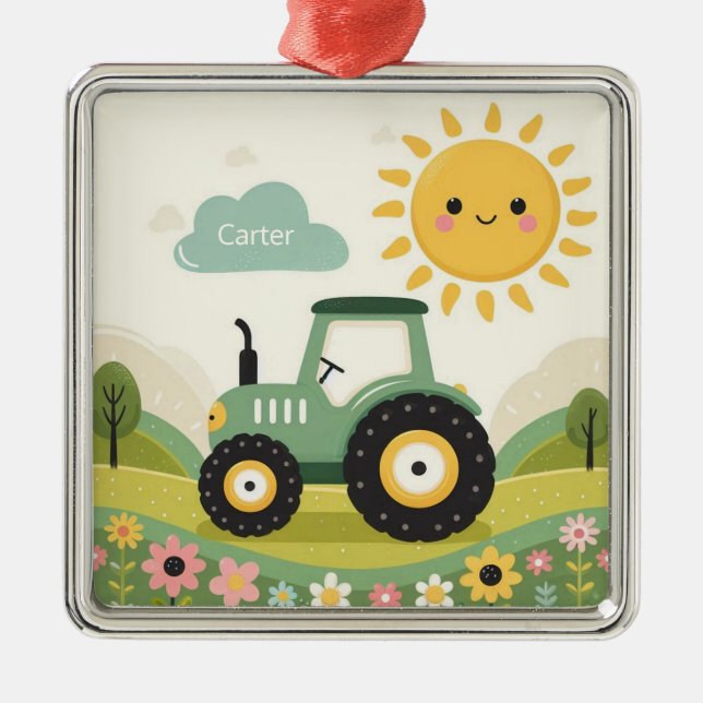 Cute, personalised tractor/farm metal ornament (Front)