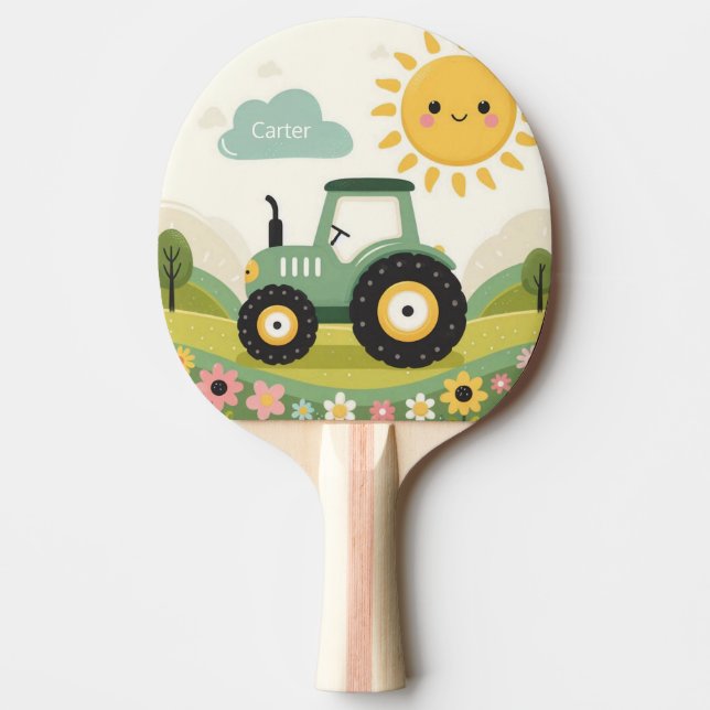 Cute, personalised tractor/farm ping pong paddle (Front)