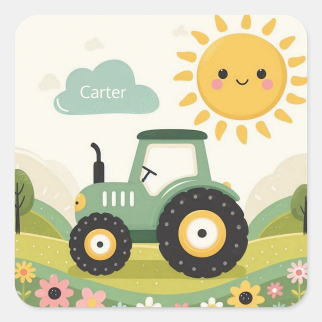 Cute, personalised tractor/farm square sticker (Front)