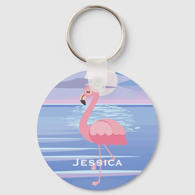 Cute Personalised Tropical Island Flamingo Key Ring (Front)