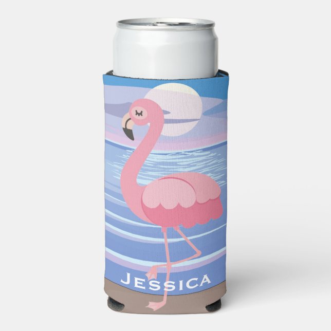 Cute Personalised Tropical Island Flamingo Seltzer Can Cooler (Seltzer Front)
