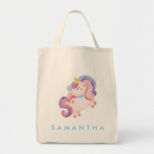 Cute personalised unicorn rainbow blue tote bag