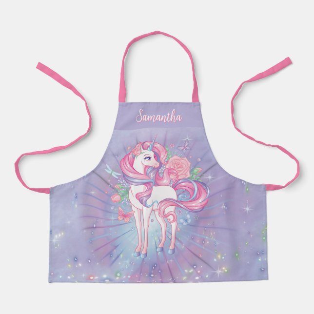 Cute Personalised Unicorn Roses & Butterflies girl Apron (Front)