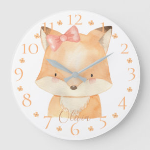 Cute Personalised Watercolor Baby Fox with Name Large Clock