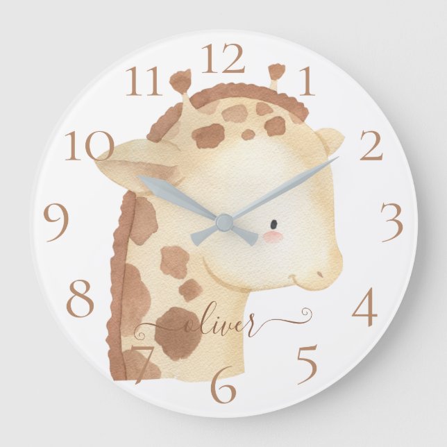 Cute Personalised Watercolor Baby Giraffe Name  Large Clock (Front)