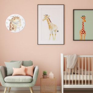 Cute Personalised Watercolor Baby Giraffe Name Large Clock