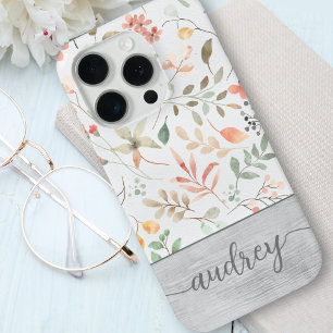 Cute Personalised Watercolor Floral Wood Monogram iPhone 15 Pro Case