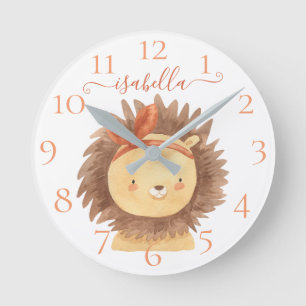 Cute Personalised Watercolor Lion Baby Nursery Kid Round Clock