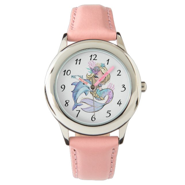 Cute Personalised Watercolor Mermaid Dolphin Watch (Front)