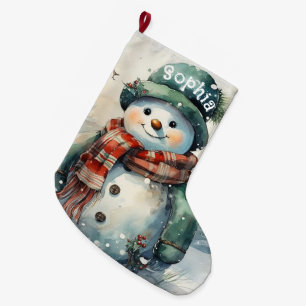Cute Personalised Watercolor Snowman Large Christmas Stocking