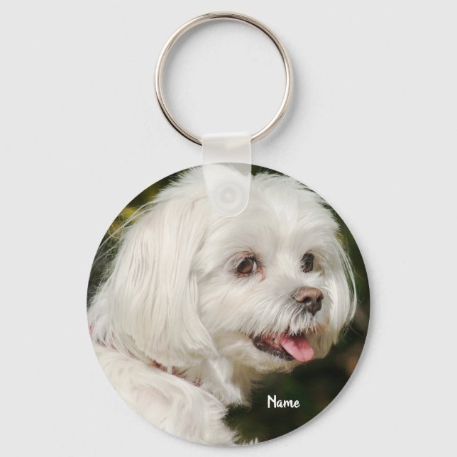 Cute Personalised White Maltese Puppy Dog Key Ring (Front)