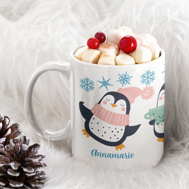 Cute Personalised Winter Penguin Snowflake Holiday Coffee Mug (Creator Uploaded)