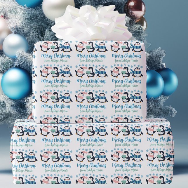 Cute Personalised Winter Penguin Snowflake Holiday Wrapping Paper (Creator Uploaded)