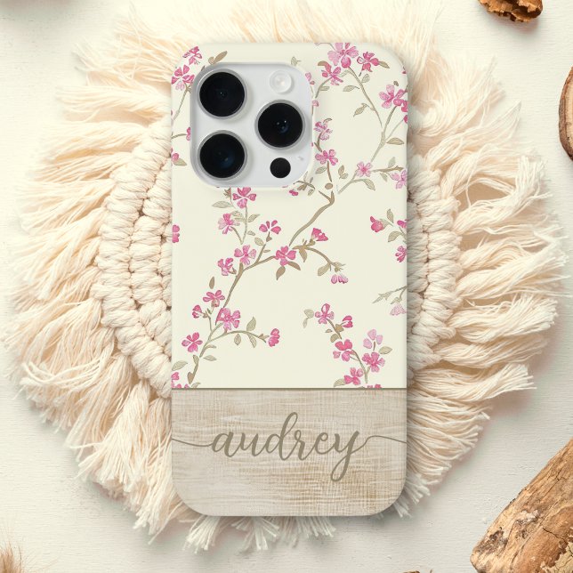 Cute Personalised Wood Floral Script Monogram Name Case-Mate iPhone Case (Creator Uploaded)
